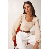 Happiness İst. DD01111 Kadın Açık Krem Kare Yaka Dokulu Örme Bluz