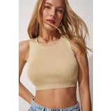 Happiness İst. ER00050 Kadın Krem Bisiklet Yaka Yazlık Crop Triko Bluz