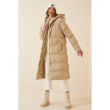 Happiness İst. FD00005 Krem Kapüşonlu Oversize Şişme Kadın Kaban