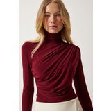 Happiness İst. FF00135 Kadın Bordo Büzgü Detaylı Dik Yaka Sandy Bluz