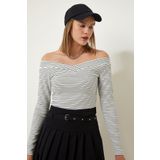 Happiness İst. FF00153 Kadın Beyaz Asimetrik Yaka Çizgili Saran Örme Bluz
