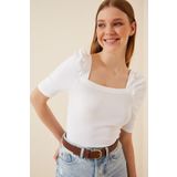 Happiness İst. GT00007 Kadın Beyaz Kare Yaka Fitilli Crop Bluz