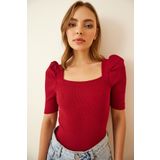 Happiness İst. GT00007 Kadın Bordo Kare Yaka Fitilli Crop Bluz