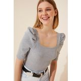 Happiness İst. GT00007 Kadın Gri Melanj Kare Yaka Fitilli Crop Bluz