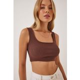 Happiness İst. GT00030 Kadın Kahverengi Askılı Fitilli Crop Örme Bluz