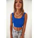 Happiness İst. GT00030 Kadın Koyu Mavi Askılı Fitilli Crop Örme Bluz