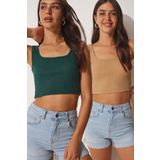 Happiness İst. GT00034 Kadın Bisküvi Zümrüt Yeşili Askılı Crop 2 Paket Örme Bluz