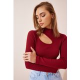 Happiness İst. GT00065 Kadın Bordo Cut Out Detaylı Fitilli Örme Bluz