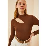 Happiness İst. GT00065 Kadın Kahverengi Cut Out Detaylı Fitilli Örme Bluz