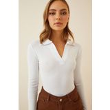 Happiness İst. GT00111 Kadın Beyaz Polo Yaka Fitilli Örme Bluz
