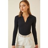 Happiness İst. GT00111 Kadın Siyah Polo Yaka Fitilli Örme Bluz