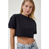 Happiness İst. Kadın Siyah Bisiklet Yaka Basic Crop Örme T-Shirt HW00004