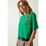 Happiness İst. Kadın Yeşil Ayıcık Armalı Crop Örme T-Shirt HF00456