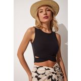Happiness İst. MC00179 Kadın Siyah Cut Out Detaylı Crop Örme Bluz