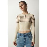 Happiness İst. NF00077 Kadın Kahverengi Krem Düğmeli Yaka Fitilli Crop Triko Bluz