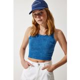 Happiness İst. NJ00135 Kadın Mavi Halter Yaka Yıkamalı Crop Örme Bluz