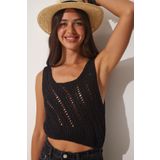 Happiness İst. NS00392 Kadın Siyah Askılı Ajurlu Crop Triko Bluz