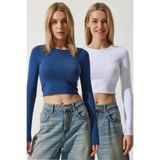 Happiness İst. OW00035 Kadın Beyaz İndigo Mavi Bisiklet Yaka Basic 2'Li Paket Crop Örme Bluz