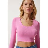 Happiness İst. PF00068 Kadın Pembe U Yaka Fitilli Crop Triko Bluz