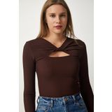 Happiness İst. SF00005 Kadın Kahverengi Cut Out Detaylı Fitilli Örme Bluz