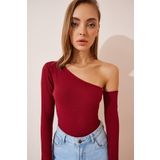 Happiness İst. TG00011 Kadın Bordo Açık Omuzlu Fitilli Örme Bluz