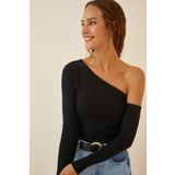 Happiness İst. TG00011 Kadın Siyah Açık Omuzlu Fitilli Örme Bluz