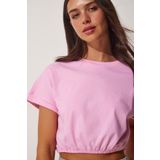 Happiness İst. UB00083 Kadın Pembe Beli Elastik Crop T-Shirt