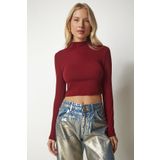 Happiness İst. ub00165 Kadın Bordo Dik Yaka Fitilli Kaşkorse Crop Bluz