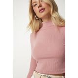 Happiness İst. ub00165 Kadın Gül Kurusu Dik Yaka Fitilli Kaşkorse Crop Bluz