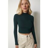 Happiness İst. ub00165 Kadın Zümrüt Yeşili Dik Yaka Fitilli Kaşkorse Crop Bluz