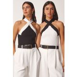 Happiness İst. US00915 Kadın Siyah Beyaz Halter Yaka 2'li Paket Crop Triko Bluz