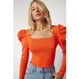 Happiness İst. YY00159 Kadın Oranj Kare Yaka Fitilli Triko Bluz