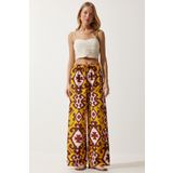 Happiness İstanbul BH00397 Hardal Desenli Ham Keten Palazzo Kadın Pantolon