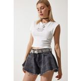 Happiness İstanbul HE00002 Antrasit Püsküllü Mini Denim Kadın Şort