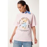 Happiness İstanbul Kadın Açık Pembe Baskılı Oversize Pamuklu Örme T-Shirt CR00508