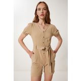 Happiness İstanbul Kadın Bej Kemerli Mini Gabardin Tulum WF00112