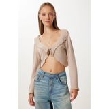 Happiness İstanbul Kadın Bej Volanlı Mevsimlik Crop Triko Bluz UB00432