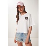 Happiness İstanbul Kadın Beyaz Ayıcık Armalı Crop Örme T-Shirt ZV00298