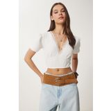 Happiness İstanbul Kadın Beyaz Balon Kollu Crop Örme Bluz ZV00278