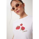 Happiness İstanbul Kadın Beyaz Baskılı Crop Örme T-Shirt WO00053