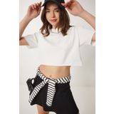 Happiness İstanbul Kadın Beyaz Pamuklu Crop Örme T-Shirt CR00443