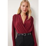 Happiness İstanbul Kadın Bordo Anvelop Yaka Vatkalı Çıtçıtlı Sandy Bluz ZH00039