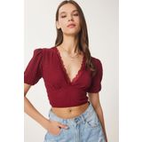 Happiness İstanbul Kadın Bordo Balon Kollu Crop Örme Bluz ZV00278