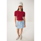 Happiness İstanbul Kadın Bordo Bisiklet Yaka Crop T-Shirt UB00064