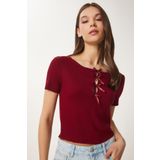 Happiness İstanbul Kadın Bordo Fiyonklu Örme T-Shirt MC00296