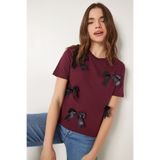 Happiness İstanbul Kadın Bordo Fiyonklu Pamuklu Örme T-Shirt CR00453