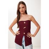 Happiness İstanbul Kadın Bordo Gold Aksesuarlı Straplez Fitilli Örme Bluz ZV00331