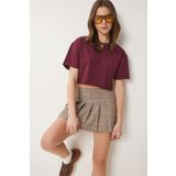 Happiness İstanbul Kadın Bordo Pamuklu Crop Örme T-Shirt CR00443
