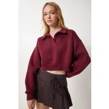 Happiness İstanbul Kadın Bordo Polo Yaka Şardonlu Crop Örme Sweatshirt HW00014