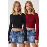 Happiness İstanbul Kadın Bordo Siyah Bisiklet Yaka Basic 2'Li Paket Crop Örme Bluz OW00035